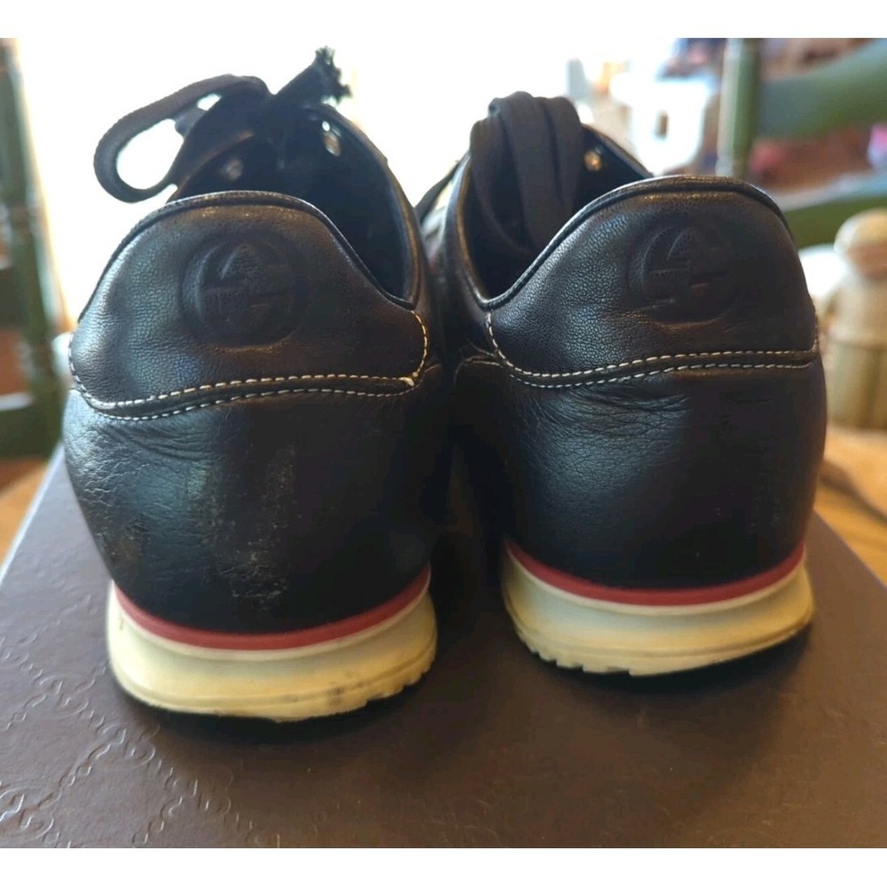 Gucci GG Web Stripe Sneakers Black Leather Size 8 US Low Top Lace-Up Trainer Box - Picture 8 of 16